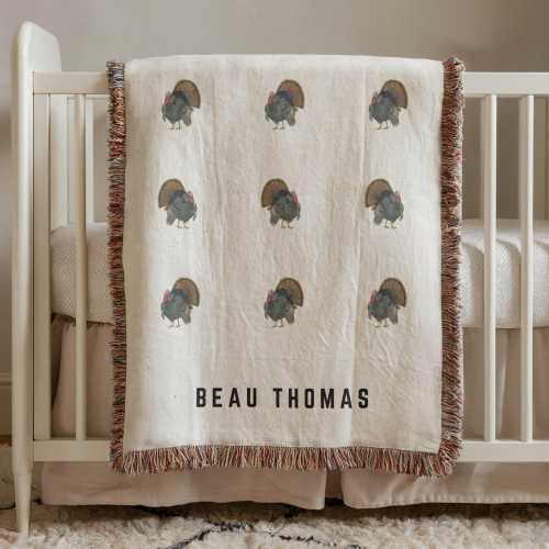 Turkey Baby Blanket, Boys Gobbler Woven Blanket, Turkey Hunter, Hunting Themed Nursery Decor, Personalized Keepsake Gift for Baby Shower