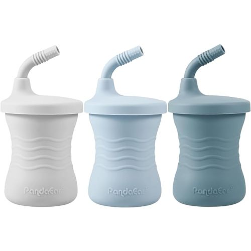 PandaEar Silicone Training Cup, 3 Pack Baby Drinking Sippy Cups with Straw for Baby and Toddler 6 Months+ (Dark Blue/Light Blue/Gray)