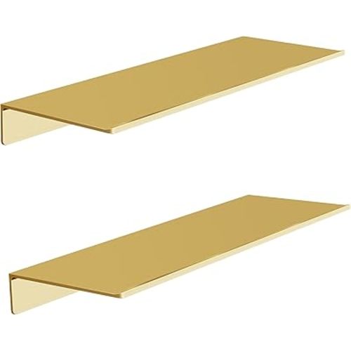 Metal Floating Shelves, Set of 2, Brushed Gold Wall Shelves Picture Ledge, Shower Caddy Wall Mounted, Decorative Display Shelf for Bedroom, Living Room, Bathroom, Office