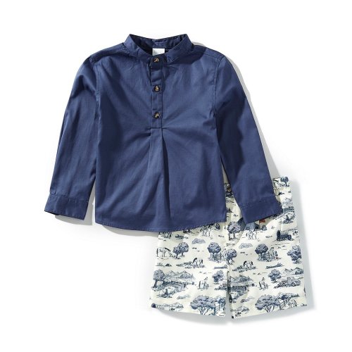 Edgehill Collection Little Boys Toile Print Long Sleeve Shirt & Pull-On Shorts Set