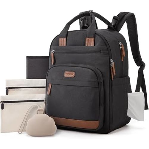 mommore Baby Diaper Bag with Waterproof Changing Pad, Black | Backpack Bottle Holders Insulated & Pacifier Case, 2 Organizer Pouches