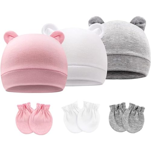 BQUBO Newborn Girls Hats Baby Hat and Mittens Set Infant Caps Bow Hospital Beanie with No Scratch Mittens for Baby Boys Girls
