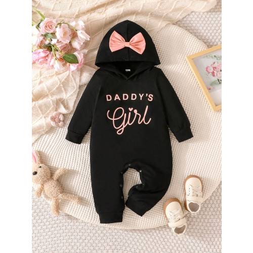 Baby Girls Simple Comfortable Spring/Autumn New Letter Print Hooded Bow Decor Long Sleeve Long Pants Romper Bodysuit (Thin)