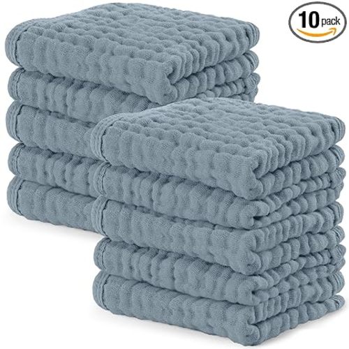 Comfy Cubs Muslin Baby Washcloths 10 Pack - Soft 6-Layer Cotton Wash Cloths for Sensitive Skin - 10"x10" Large, Gentle, Absorbent Infant Essentials for Newborn and Toddlers - Pacific Blue