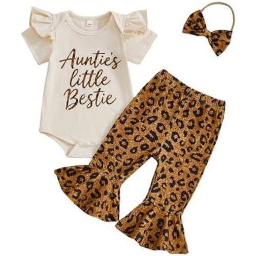 Aunties Bestie Baby Girl Clothes Aunt Saying Letter Embroidery Ruffle Romper Leopard Pant Headband 3Pcs Summer Outfit
