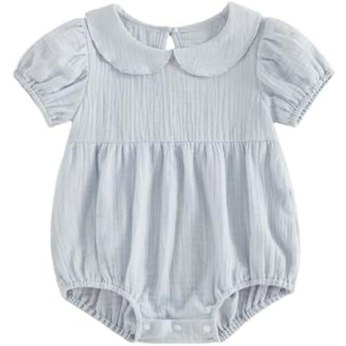 Baby Boy Girl Bubble Romper Solid Color Collar Bodysuit Infant Muslin Summer Clothes