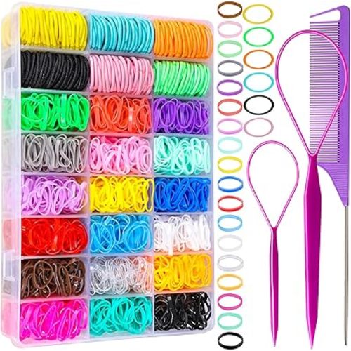 YGDZ Hair Ties, 1500pcs Elastic Hair Bands, 120pcs Baby Hair Ties, Hair Accessories for Girl, Toddler, [multiple colors], With Hair Tail Tools, Rat Tail Comb