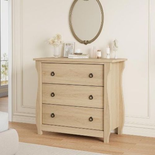30" Boho 3-Drawer Dresser with Rattan Accents - Freestanding Storage Cabinet with Curved Legs for Bedroom or Living Room