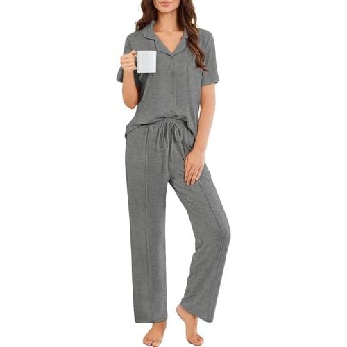 Ekouaer Pajamas for Women Set Button Up Sleepswear 2 Piece Short Sleeve PJ Top and Long Pants Loungwear With Pocket S-XXL