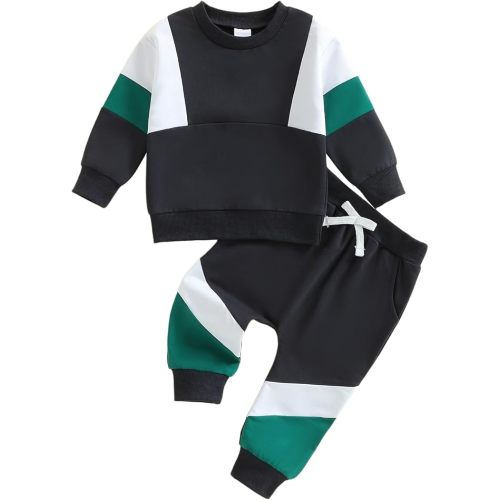 Kupretty Toddler Baby Boy Fall Winter Clothes Color Block Long Sleeve Sweatshirt Pullover Tops + Joggers Pants Outfit Set