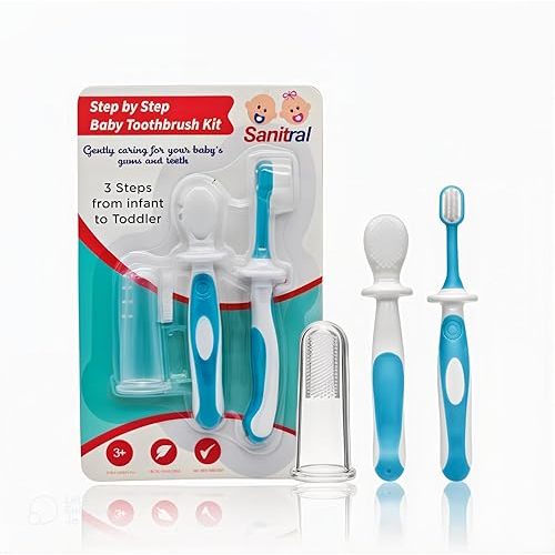 Baby's First Toothbrush Kit - Step by Step 0-2 Years - Safety-Tested & BPA-Free 3-Pack (Finger, Silicone, Toddler Toothbrushes) - Blue