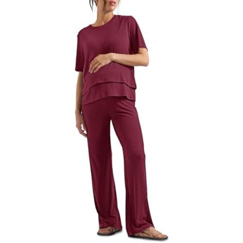 Tankaneo Womens Postpartum Maternity Pajamas 2 Piece Sets Rib Short Sleeve Nursing Tops and Elastic Waist Pants Loungewear