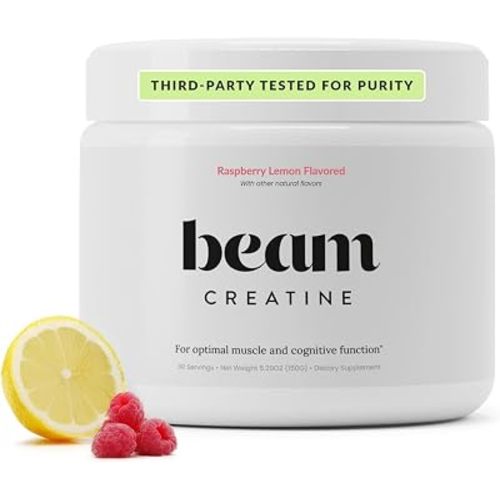 BEAM Creatine Monohydrate Powder – 5g Micronized Creatine Monohydrate, Flavored Creatine for Women & Men, Muscle Strength, Growth & Cognitive Support, Raspberry Lemon Flavor, 30 Servings