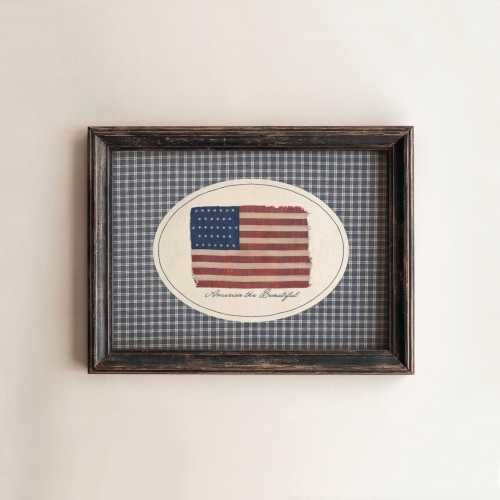 Vintage American Flag Print America the Beautiful, Farmhouse Fourth of July Wall Art, Rustic Americana Home Decor, Blue Gingham Plaid