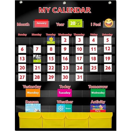 Black Calendar and Weather Pocket Chart with 148 Cards,(108 Illustrated Activity Cards, 40 Dry Erasable Flash Cards and 3 Hooks 28” X 35.5”)