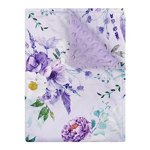 Soft Plush Minky Blanket 30x40 Inches with Double Layer Dotted Backing for Toddler Newborn, Purple Baby Crib Blanket for Nursery, Baby Car Seat, Pet, Floral