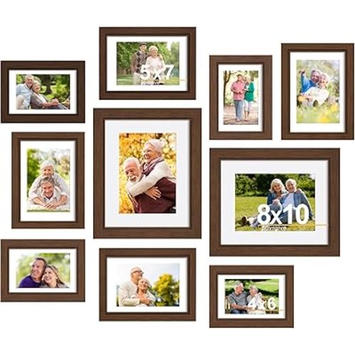 Picture Frames, Made of Real Glass and Wooden Frame, Gallery Photo Frames Set of 10 for Collage Wall Decor, Multi Sizes Including 8x10, 5x7, 4x6 for Mounting or Tabletop Display, Dark Brown