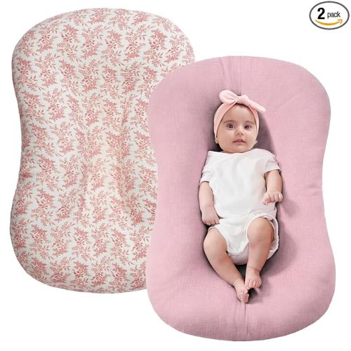 FUNUPUP Muslin Baby Lounger Cover Compatible with Snuggle Me Lounger, Infant Pillow Cover for Newborn, Removable Nest Slipcover for Boys and Girls, Only Cover, Pink & Pink Leaves