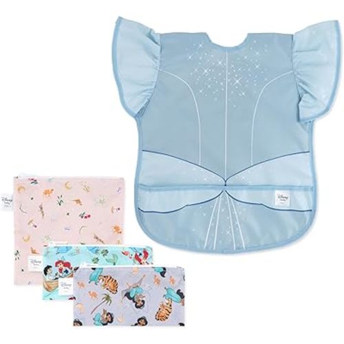 Bumkins Disney Ruffle Apron Bib and 3-pack Snack Bags, Waterproof Fabric, Cinderella