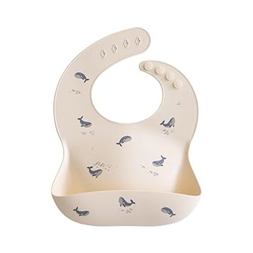 mushie Silicone Baby Bib | Adjustable Fit Waterproof Bibs (Whales)