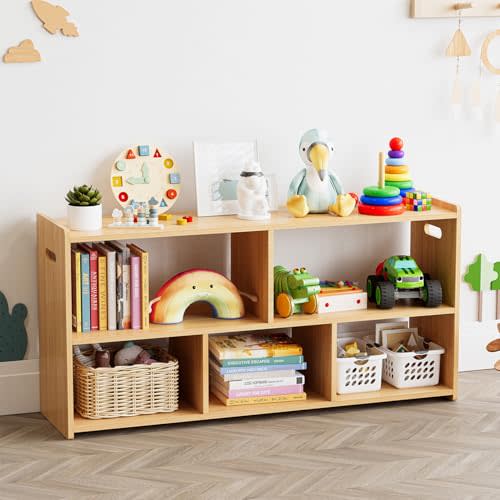 SpaceAid 5-Compartment Bookshelf, Montessori Bookcase for Toddlers, Wooden Book Shelf Organizer Storage Furniture for Kids Rooms, Playroom, Nursery and Classroom, 44.5“ Wide, Natural
