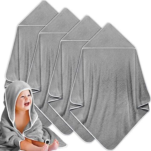 Reginary 4 Pack Baby Hooded Towels Coral Fleece Baby Bath Towels 30 x 30 Inch Soft Absorbent Hooded Bath Blanket for Newborn Toddler Infant Boy Girl Shower Gift Supplies (Gray)