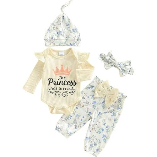Hello World Newborn Outfit Baby Girl Going Home Outfit Ruffle Ribbed Romper Top Floral Pants Set Cute Summer Clothes