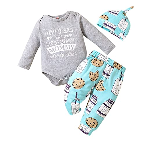 Aoswep Newborn Infant Baby Clothes Long Sleeve Romper + Pants + Hat 3PCS Outfits Set