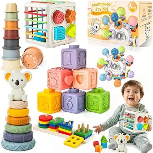 6in1 Montessori Toys for Babies - Stacking Blocks Rings Sensory Bin Toy with Cups & Shape Sorting for 6-12-18 Months, Educational Newborn Baby Development Toys Gift Infant Toddlers 1-3 Years Old