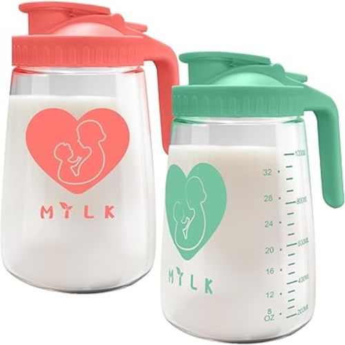 Breast Milk Pitcher, 32 oz Glass Mason Jar with Lid, Wide Mouth & Leakproof Easy Pouring Glass Pitcher for Breastmilk, Sun Tea, Juice, Cold Brew Coffee, and Other Beverages
