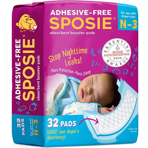 Sposie Booster Pads, Stop Overnight Diaper Leaks, Fits sizes Newborn 1 2 3, No Adhesive for Sensitive Skin, 32 ct