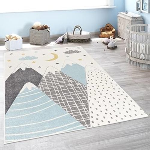 Paco Home Kids Rug for Nursery with Pastel Colored Mountains, Dreamy Stars and Moon in Blue, Size: 3'11" Round