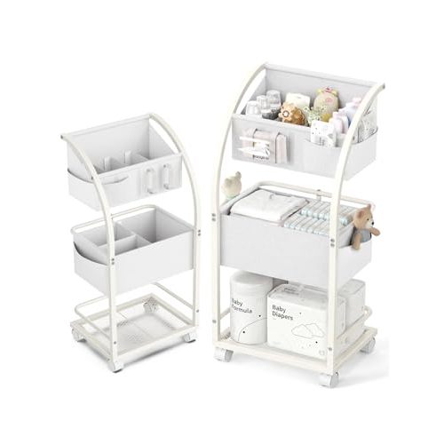 VBABY Diaper Caddy Organizer Cart, 3 Tier Rolling Storage Cart with Wheels, Bedside Cart for Baby Essentials Supplies, Diaper Cart for Nursery, White
