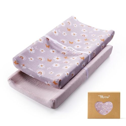 TILLYOU Muslin Changing Pad Cover for Baby Girls Boys, Soft and Breathable Cotton Diaper Changing Table Cover, 2 Pack(Pink Butterfly)