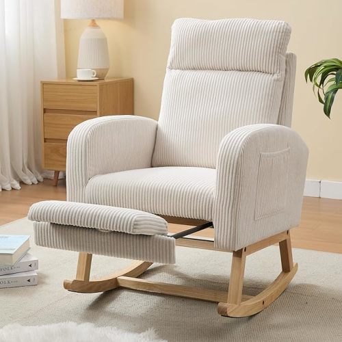 NIOIIKIT Nursery Rocking Chair, Corduroy Upholstered Rocking Chair with Adjustable Footrest, Tufted Rocker Chair with Side Pocket, Glider Rocker for Living Room, Bedroom (Gray Casual)