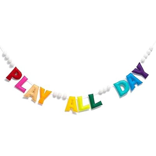 Pre-Strung Rainbow Play All Day Felt Banner Reusable Play Sign Play All Day Wall Hanging Felt Garland for Kids Nursery Playroom Wall Decor Boys Girls Playhouse Decor Toy Room Classroom Decoration