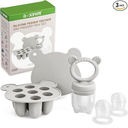 JEXFUN Baby Fruit Food Feeder & Mini Freezer Nibble Tray Combo, Breastmilk Popsicle Molds for Baby Cooling Relief, BPA Free Silicone Feeder for Safe Infant Self Feeding, 4 Month+ (Light Grey)