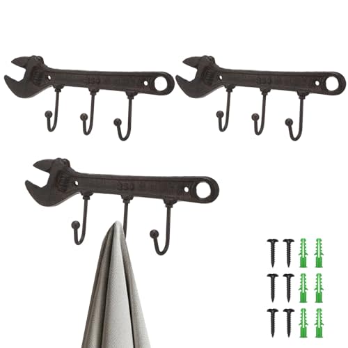 3 Pcs Vintage Key Rack Holder Hooks Wrench Spanner Shape Decorative Wall Mounted Garage Tool Holder Coat Hat Hooks Rack Hanger for Bedroom Car Themed Room Decor