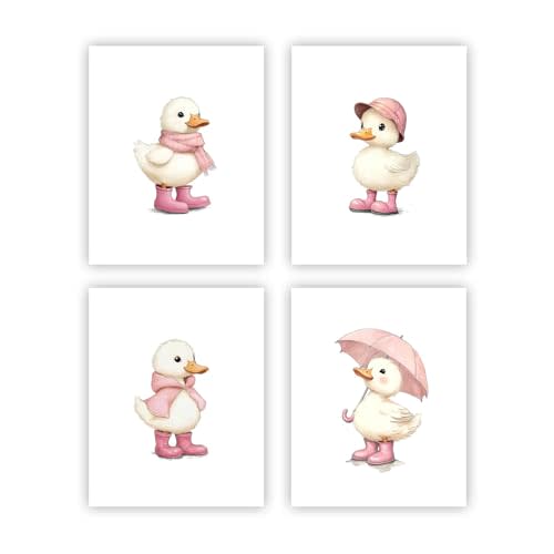 heilkee Cute Duck Nursery Decor for Baby Girl Pink Girly Wall Art Duck Prints Kids Room Bathroom Bedroom Set of 4(UNFRAMED 8x10in)