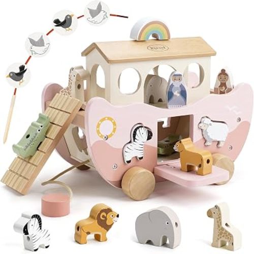 Joyreal Pink Wooden Noah's Ark Toy for 1 Year Old Baby Girl Baptism Gifts