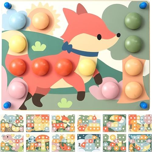 Nene Toys Wooden Color Matching Pegboard for Toddlers 2+ - Pastel Button Art Mosaic Puzzle with 24 Wooden Pegs & 12 Pattern Cards - Montessori Fine Motor Toy for 2 3 Year Old Boys Girls
