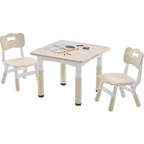 DOREROOM Kids Table and 2 Chairs Set, Height-Adjustable Toddler Table and Chairs Set with Graffiti Desktop, 23.6''L x 23.6''W Children Activity Table for Daycare, Classroom, Home, Burlywood-w