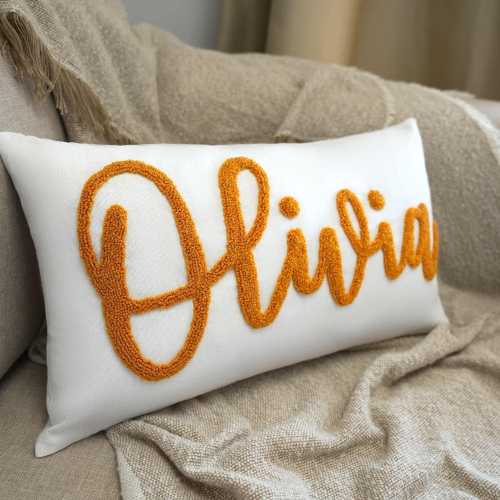 Golden Embroidered Punch Needle Pillow, Handmade Gift, Kid Room Home Decor, Custom Name Pillow Cover, Personalized Baby Gift Nursery Decor