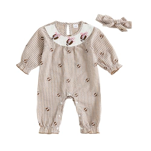 Honganda Newborn Baby Girl Football Outfit Long Sleeve Rugby Embroidery Jumpsuit Plaid Smocked Romper with Headband
