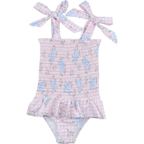 Floral Windowpane Smocked Swimsuit