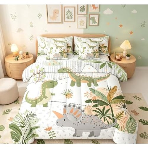 Feelyou Kids Cute Dinosaur 7 Piece Bedding Set Twin Size Cartoon Green Dinosaur Comforter Set with Sheets for Boys Girls Teens Cute Animal Bed in a Bag Coconut Plant Bed Set