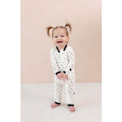 Zippered Romper in Midnight Polka Dot