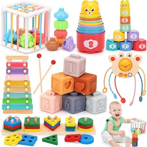 Montessori Baby Toys 6-12 Months Sensory Boxes & Teethers. 6-in-1 Stacking Blocks with Crab Design. Shape Sorting & Sensory Toys for 6-36 Months Babies.