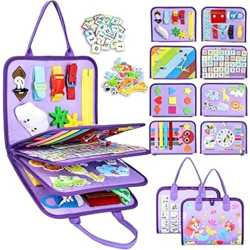 Esjay Toddler Busy Board Montessori Toys for Girls, Sensory Book Educational Activities Learning Fine Motor Skills, Birthday Gifts for Girls Toddlers, Travel Toys for Airplane Car, Purple Merpeople