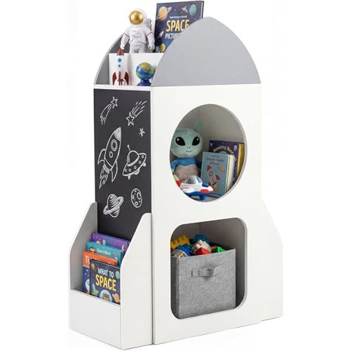 Costzon Rocket Kids Bookshelf, Toddler Toy Storage Organizer w/Chalkboard, 2 Cubbies and Open Shelf, Wooden Children Bookcase for Classroom, Playroom, Daycare, Nursery (White Rocket)